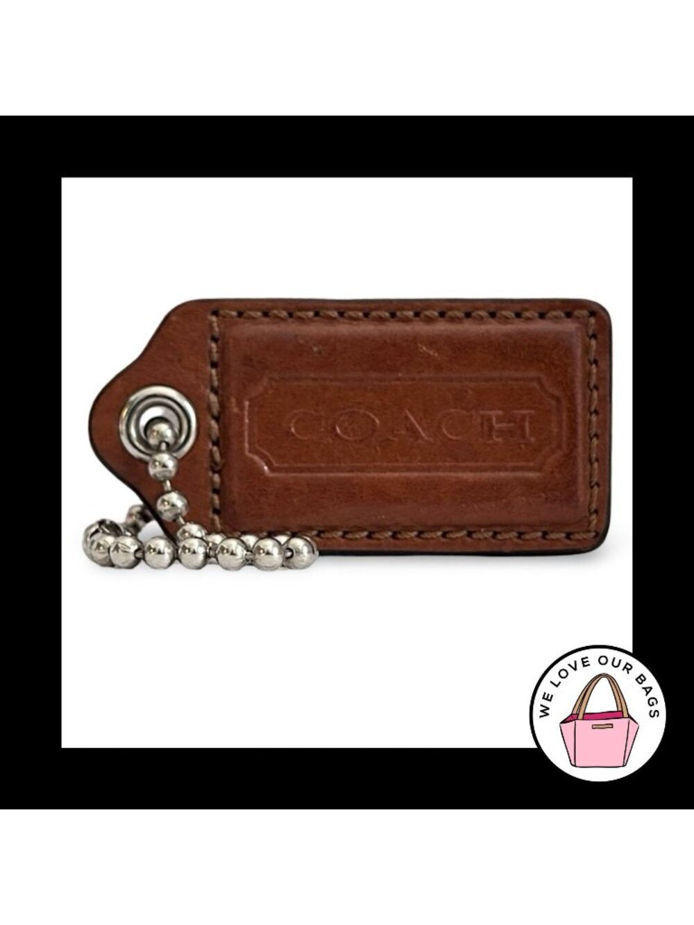 COACH HANG TAG 2.5" Cognac Brown Leather Bag Charm Keychain Fob Nickel Large